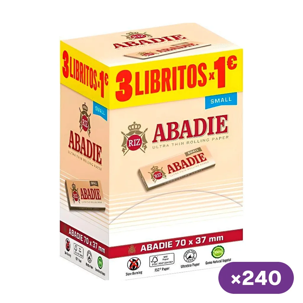Caja dispensadora de papel Abadie Small, en tonos crema y amarillo, con ilustraciones de los libritos y distintivo de 240 unidades.