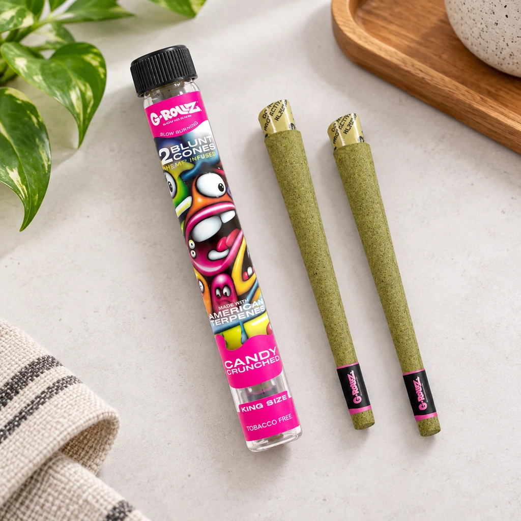 Conos de blunt verdes junto a un tubo transparente G-Rollz Candy Crunched con etiqueta rosa y dibujos de personajes de colores.