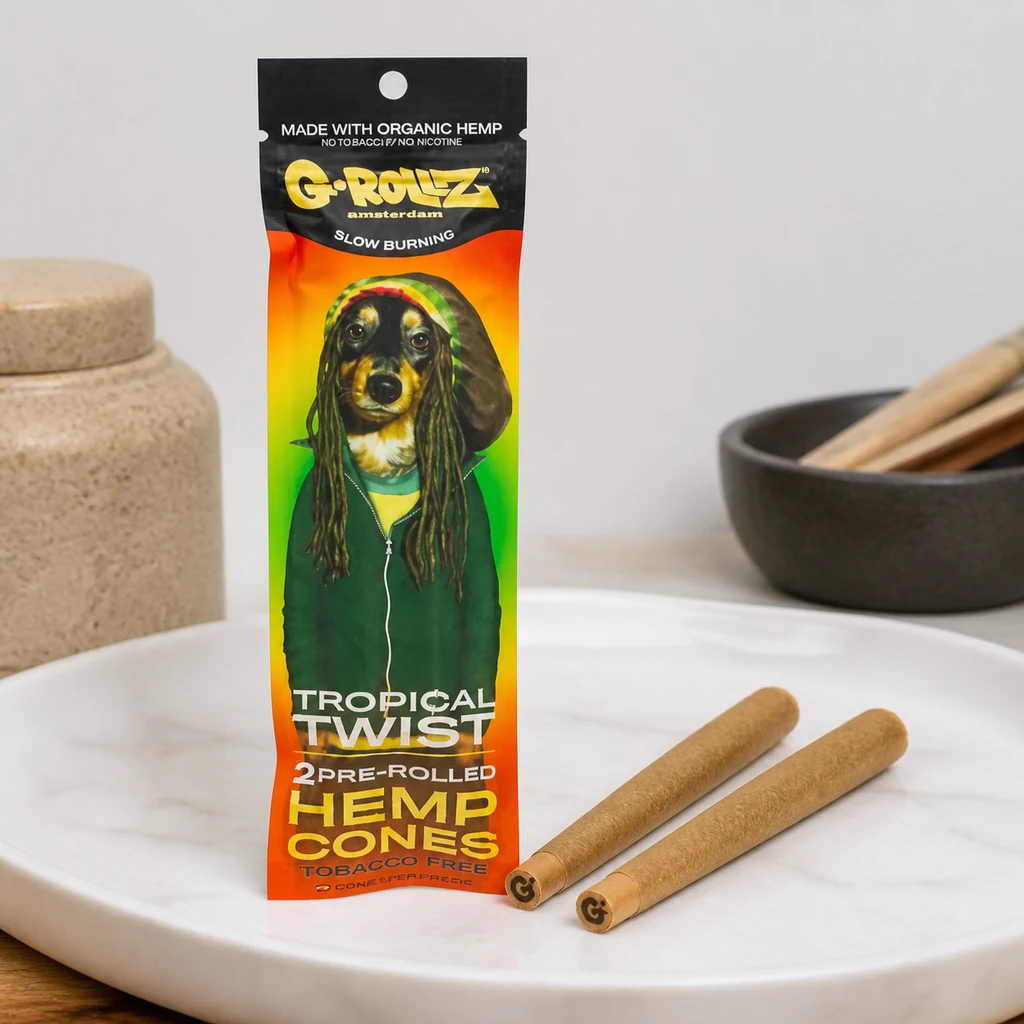 Envase G-Rollz Tropical Twist con un perro ilustrado sobre fondo rojo, amarillo y verde, junto a conos marrones sobre un plato blanco. Envase G-Rollz Tropical Twist con un perro ilustrado sobre fondo rojo, amarillo y verde, junto a conos marrones sobre un plato blanco.