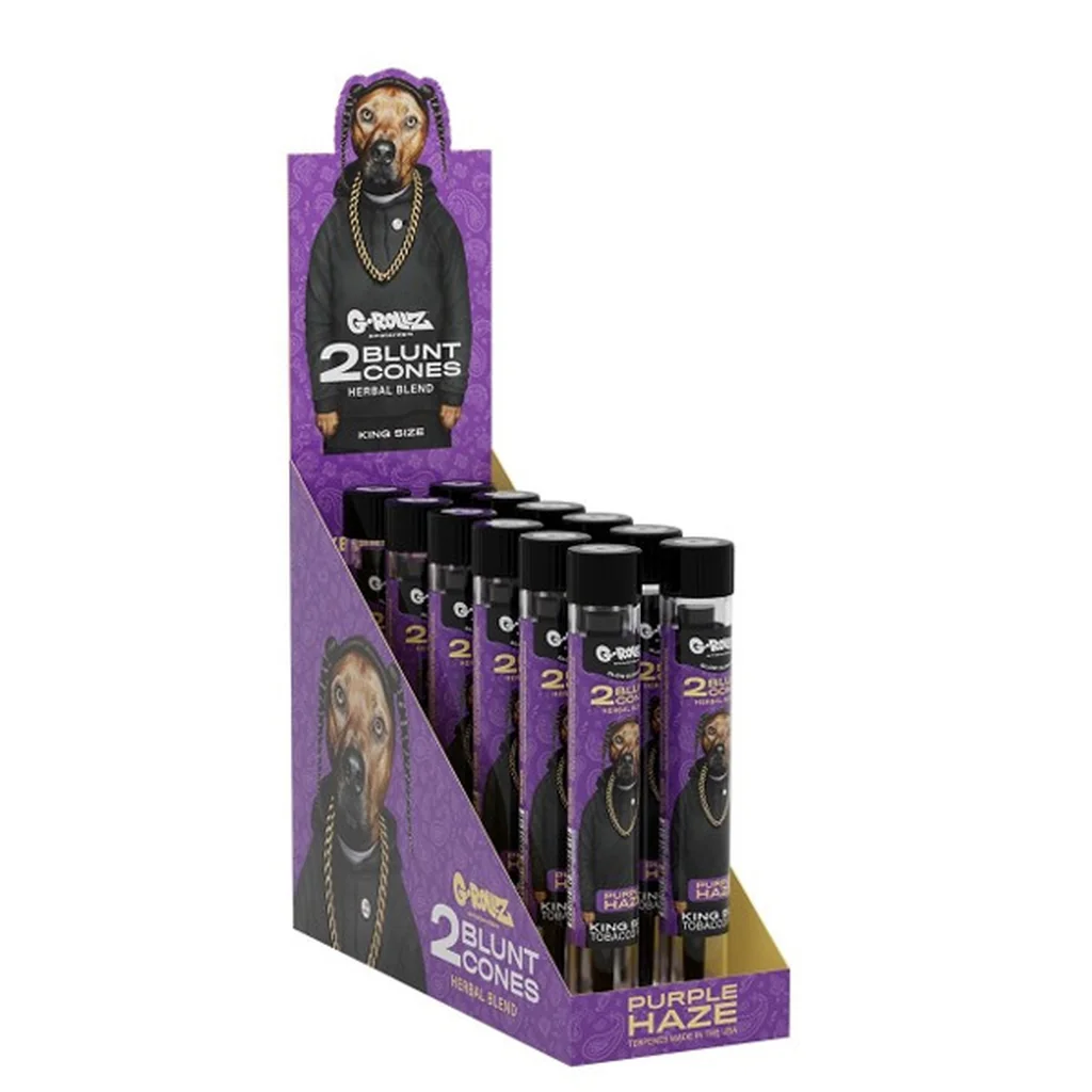 Expositor morado de conos G-Rollz The Dog Purple Haze con varios tubos de tapa negra y un perro ilustrado con cadena dorada.