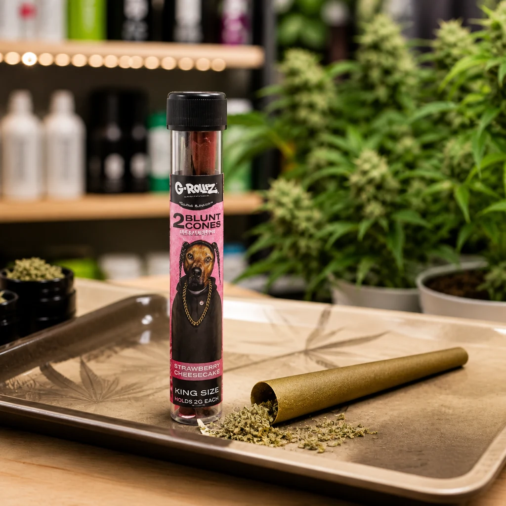 Tubo G-Rollz de etiqueta rosa junto a un cono marrón y material vegetal sobre una bandeja, con plantas al fondo. Tubo G-Rollz de etiqueta rosa junto a un cono marrón y material vegetal sobre una bandeja, con plantas al fondo.