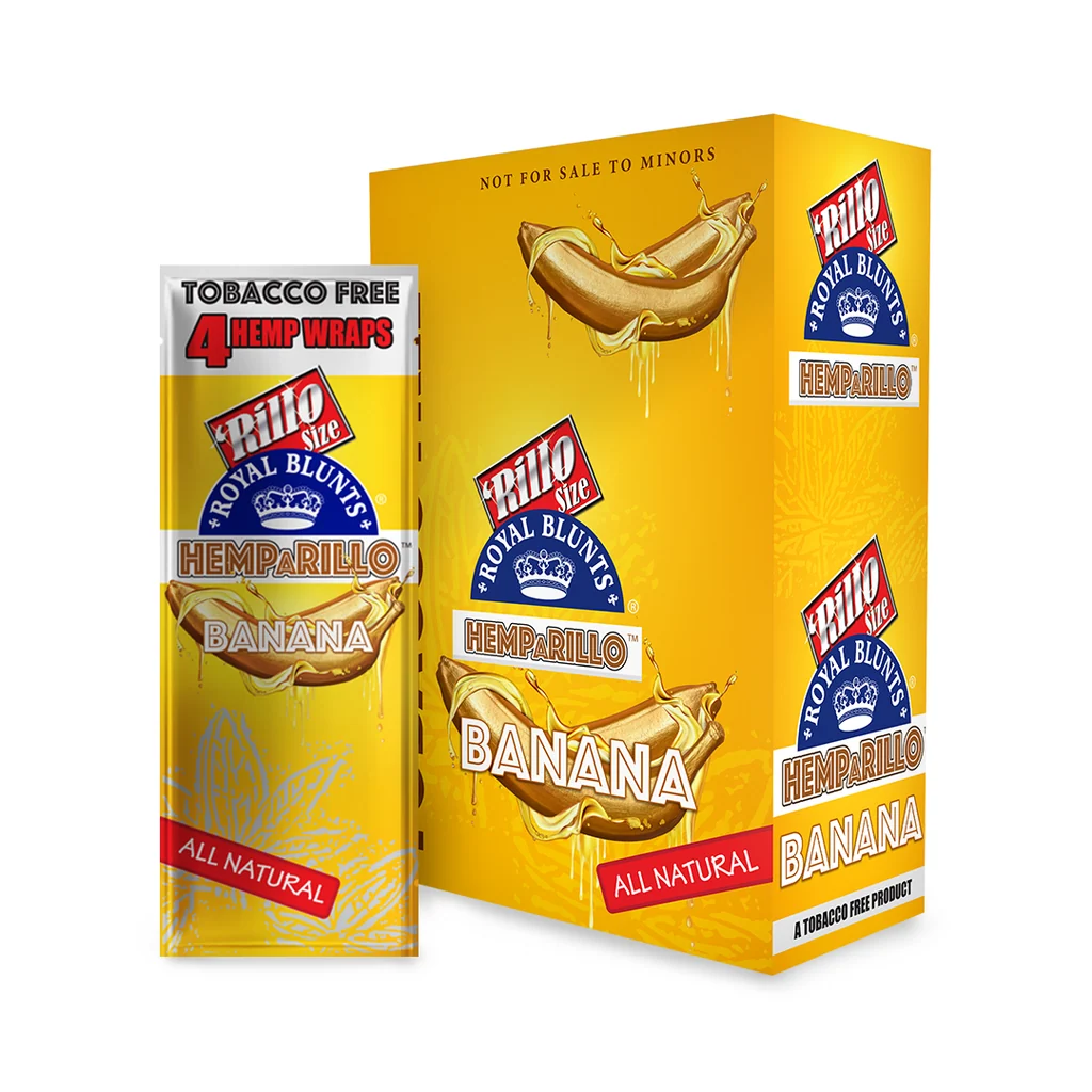 Caja amarilla y sobre de papel blunt Hemparillo Banana, decorados con un plátano y la indicación de 4 envolturas sin tabaco en el sobre.