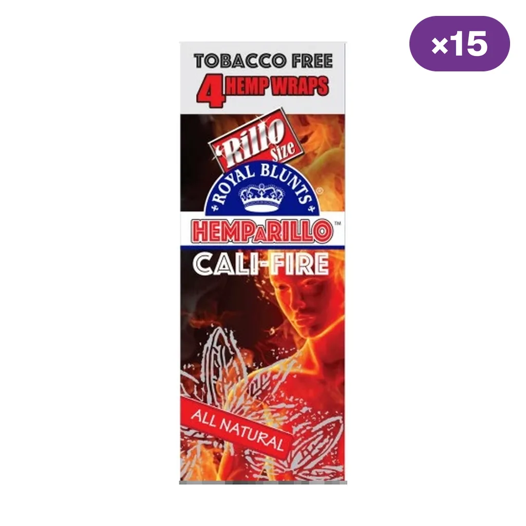 Envase de blunt Hemparillo Cali-Fire con diseño de llamas, texto «4 Hemp Wraps» e indicador de caja de 15 en la esquina superior.