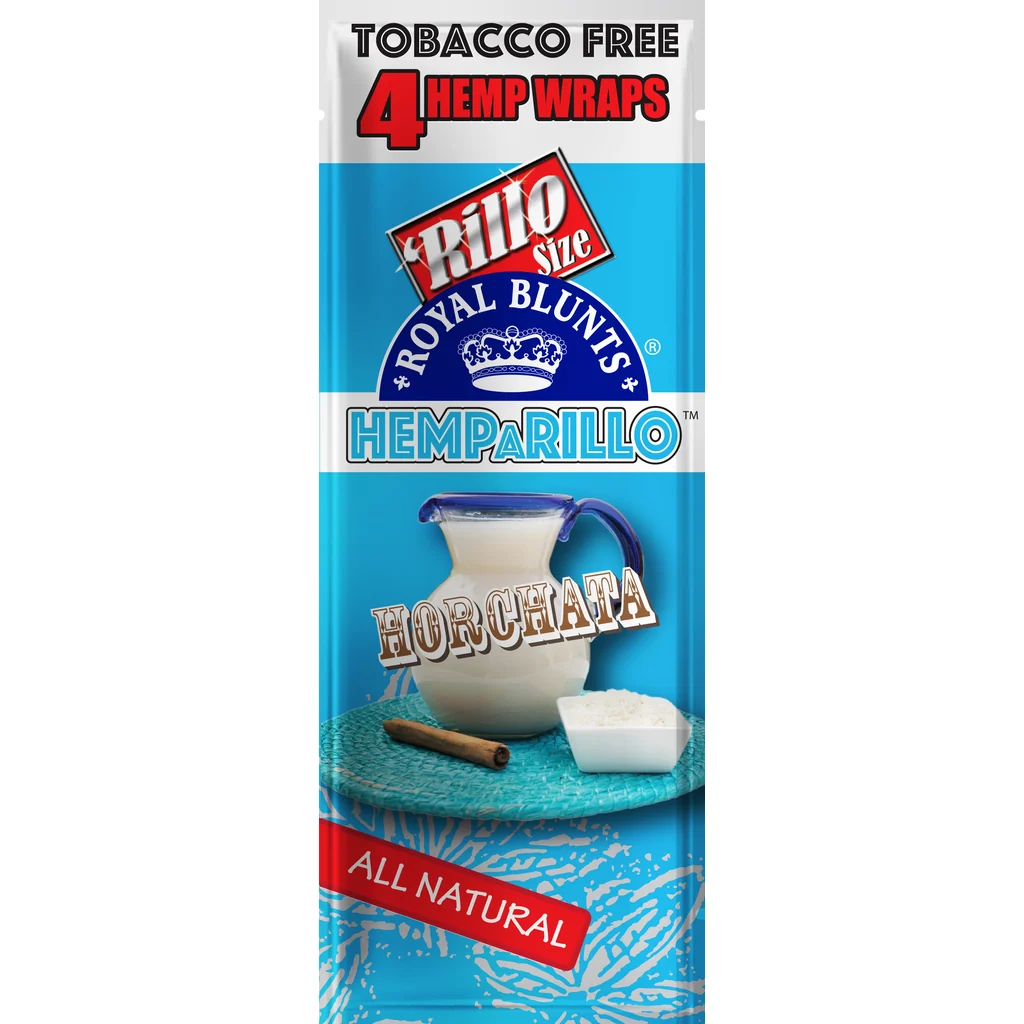 Sobre turquesa de papel blunt Hemparillo Horchata, con una jarra de bebida blanca, canela y la indicación de 4 envolturas sin tabaco.