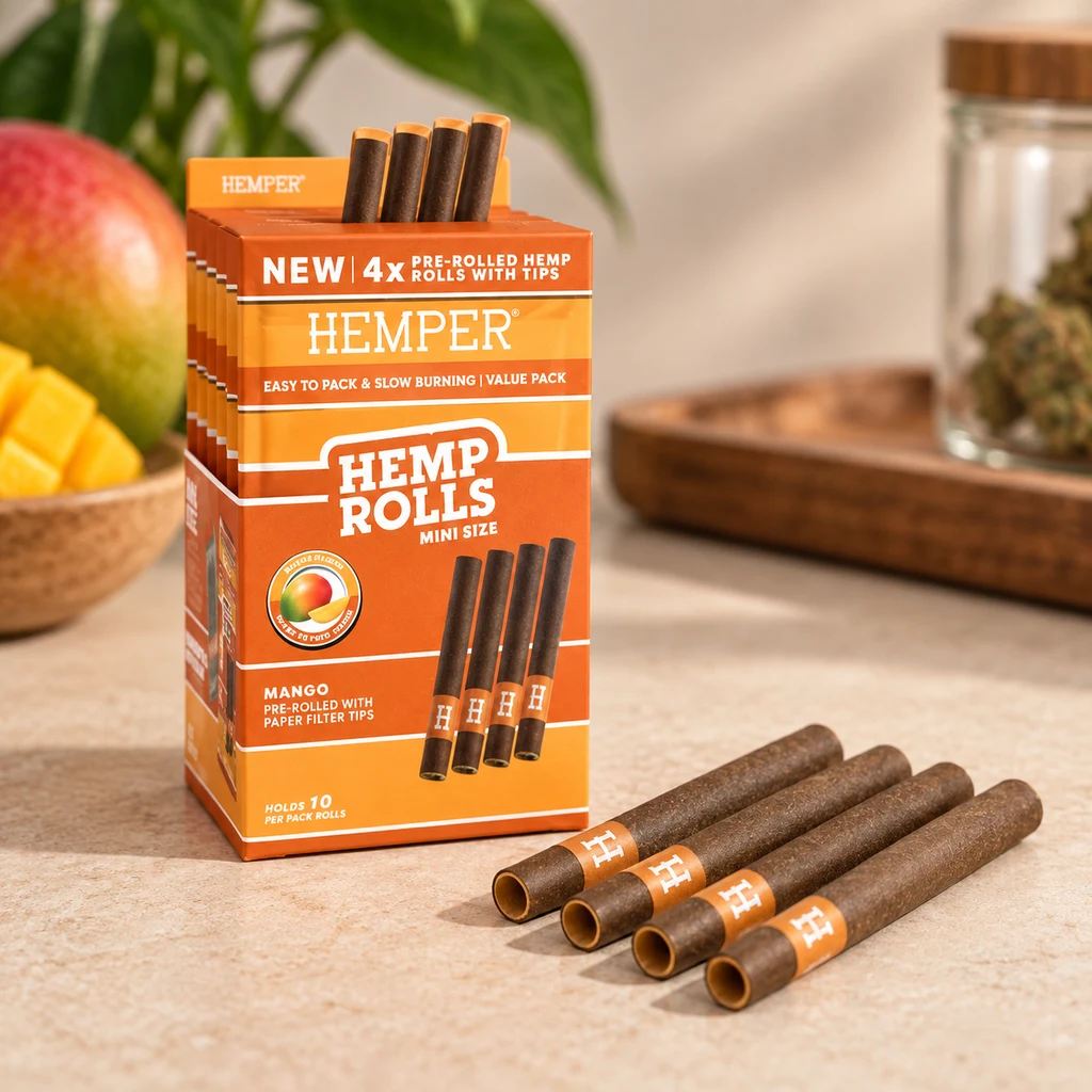 Escena ilustrada de una caja naranja Hemper Mango Mini Rolls con varios rollos marrones sobre una mesa y mango al fondo.