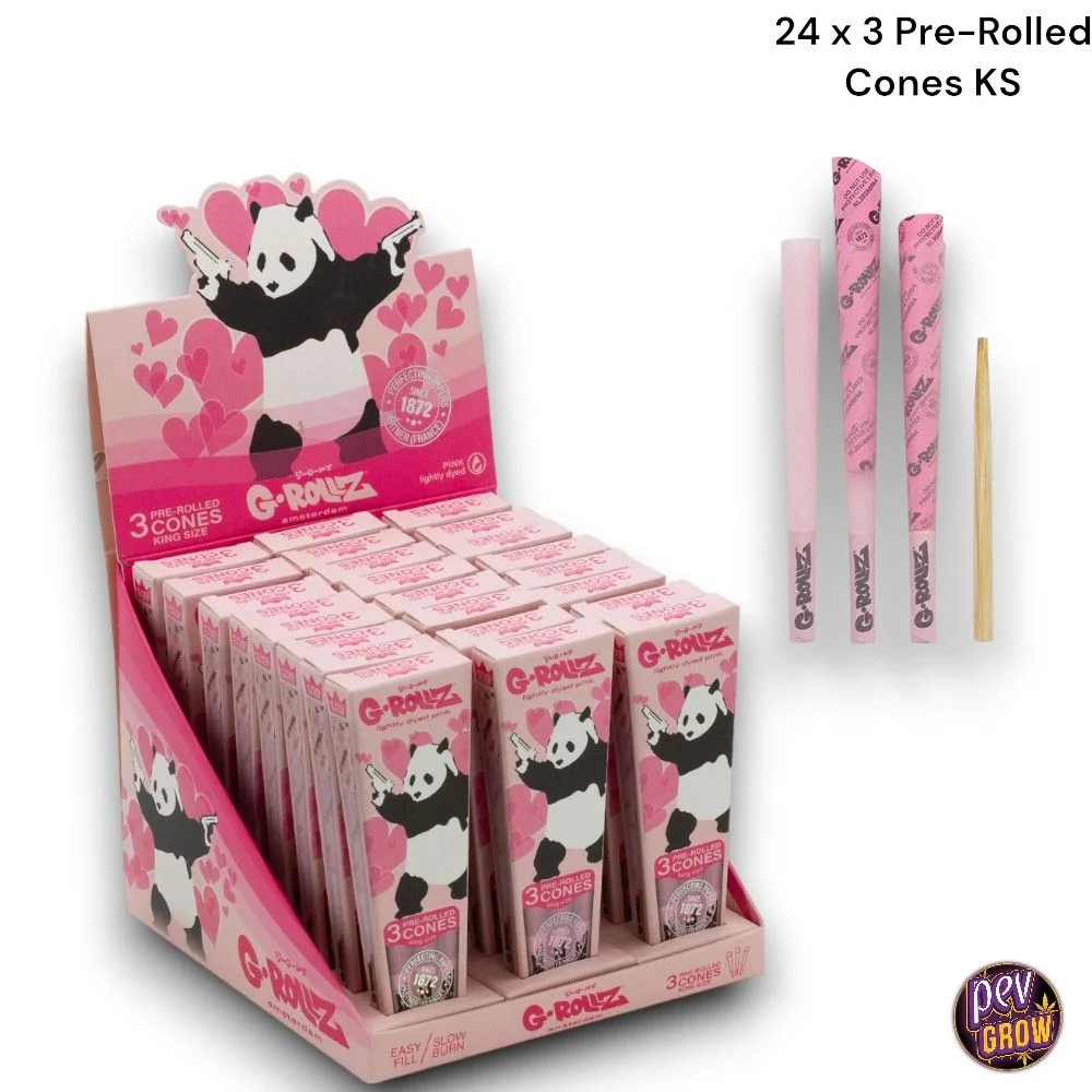 Expositor rosa de G-Rollz Pink Panda Cones con cajas decoradas con pandas y corazones, junto a conos y una varilla.