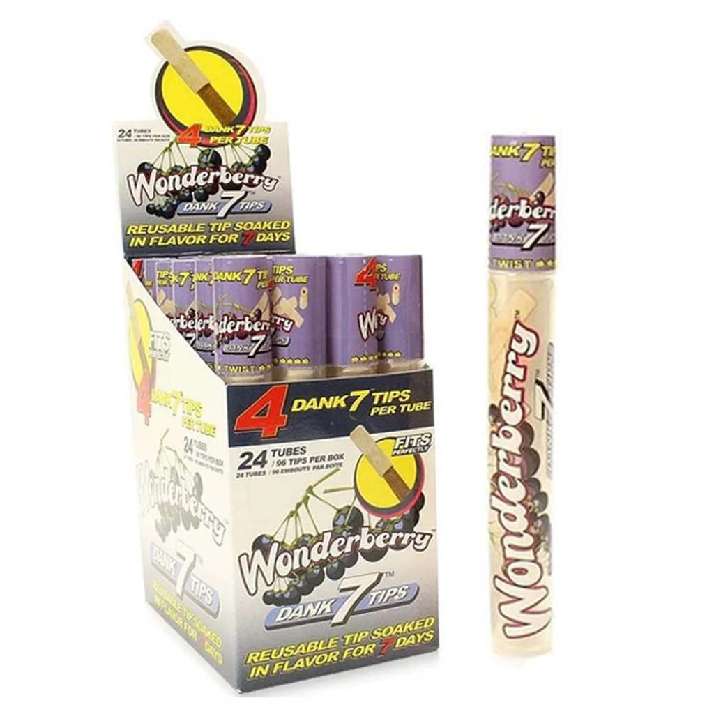 Expositor de conos Cyclone Dank Tips Wonderberry con tubos de tonos crema y morado y un tubo individual situado a la derecha.