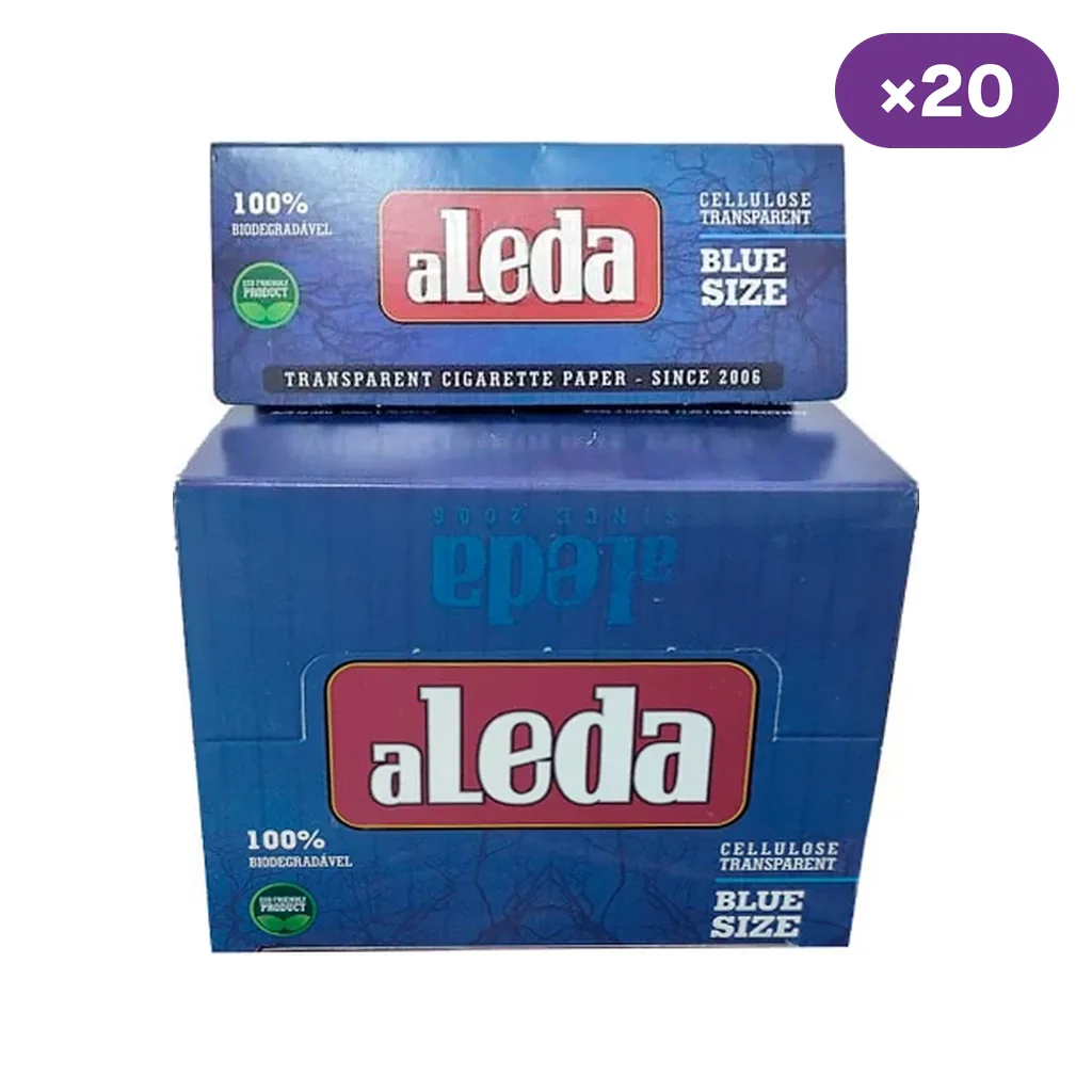 Caja azul de papel de fumar Aleda Blue con un librillo encima, logotipos blancos sobre rojo y distintivo «×20» en la esquina superior derecha.