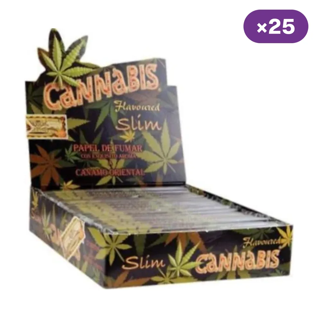 Caja expositora abierta de papel de fumar Cannabis Slim, decorada con hojas verdes, con libritos alineados y distintivo «×25».