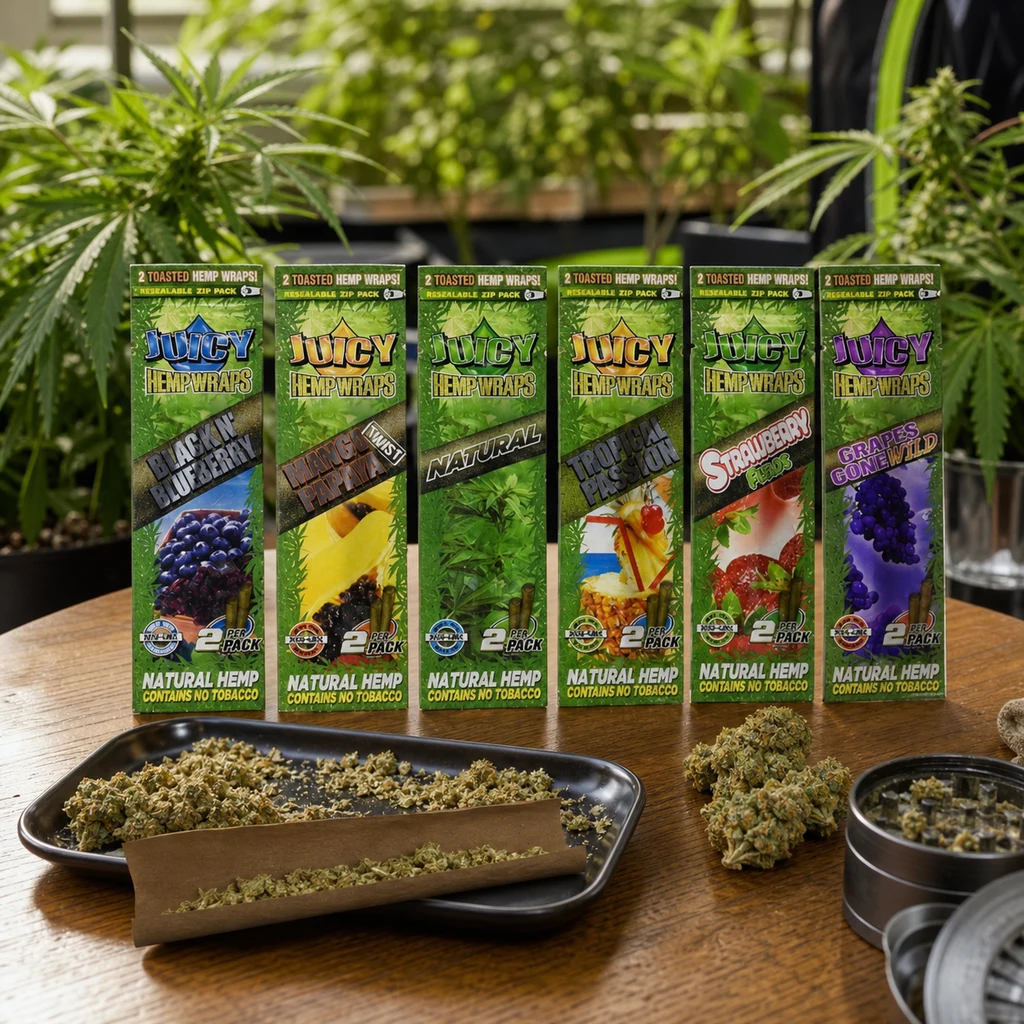 Selección de variedades Juicy Hemp Wraps en envases de distintos sabores, junto a una bandeja con hierba, un blunt abierto y un grinder.