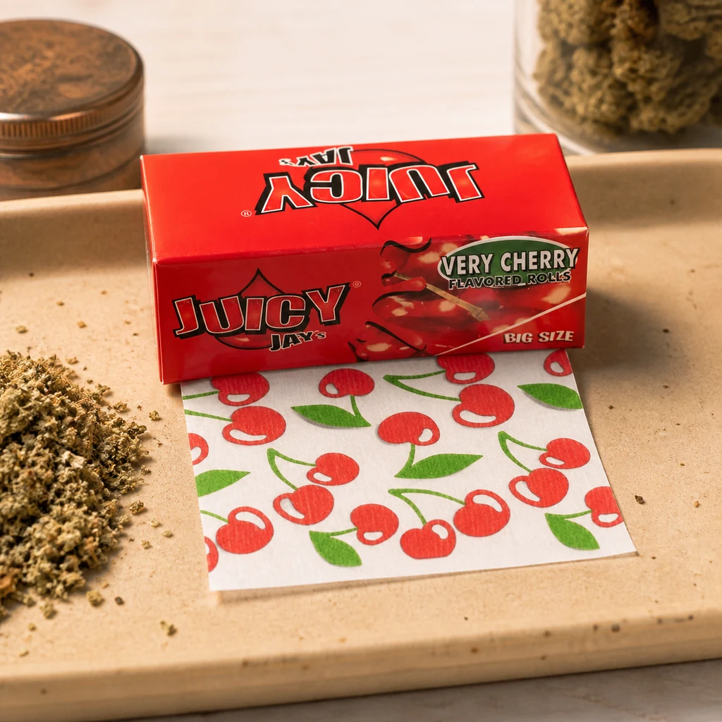 Caja roja de Juicy Jay's Very Cherry con papel desplegado estampado de cerezas, sobre una bandeja junto a material vegetal triturado.