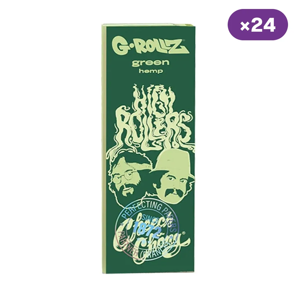 Librillo verde G-Rollz con retratos ilustrados de Cheech & Chong, texto High Rollers e indicador de 24 unidades.