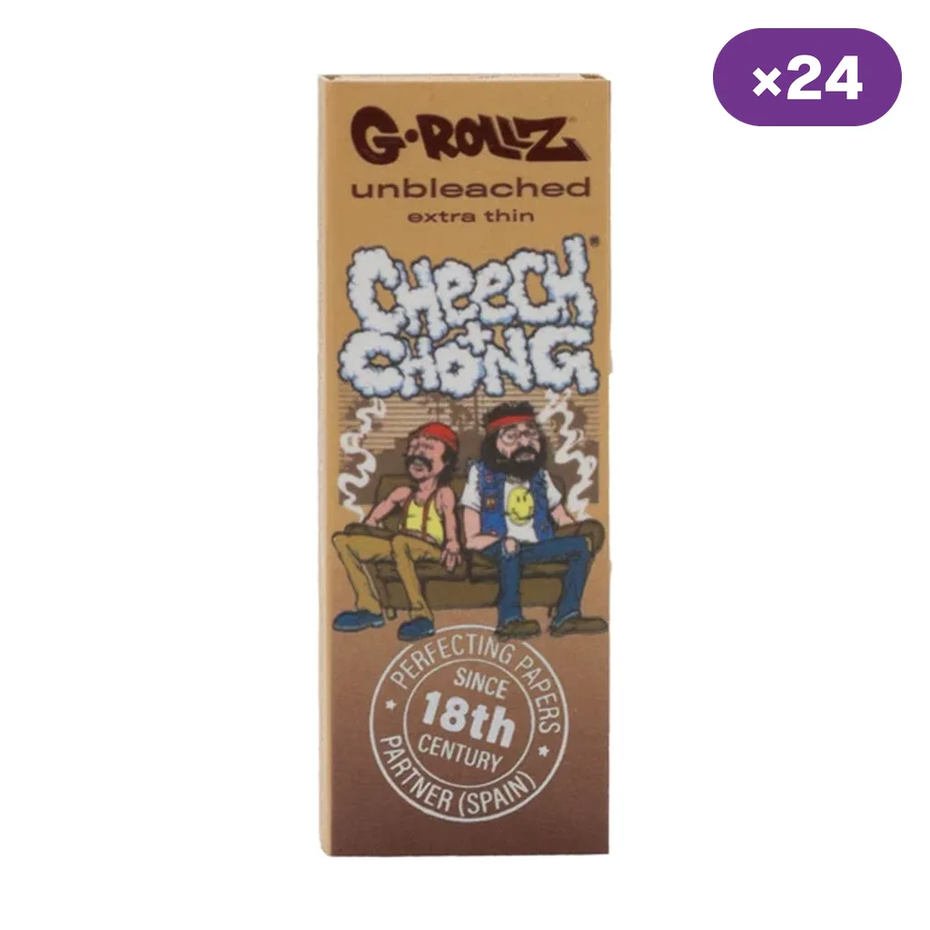Envase marrón de papel G-Rollz Cheech & Chong, con los personajes sentados en un sillón y distintivo de 24 unidades.