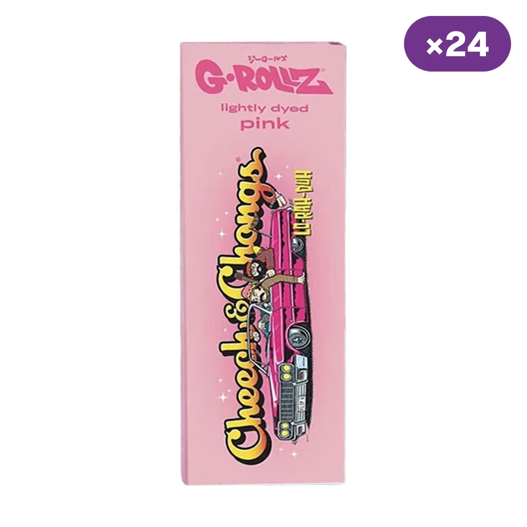 Envase rosa de papel G-Rollz Cheech & Chong con un coche ilustrado y el texto Lowrider, junto a un distintivo de 24 unidades.