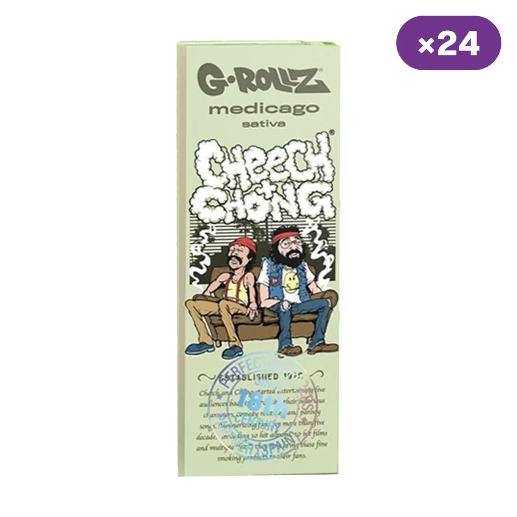 Librillo verde claro G-Rollz Cheech & Chong con los personajes sentados en un sofá y distintivo de caja de 24 unidades.