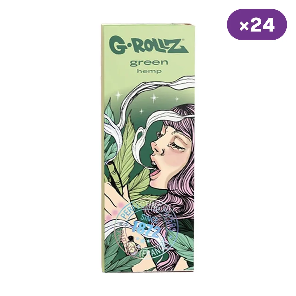 Envase verde de papel G-Rollz Green Hemp con ilustración de una mujer entre hojas y volutas blancas, junto a un distintivo de 24 unidades.