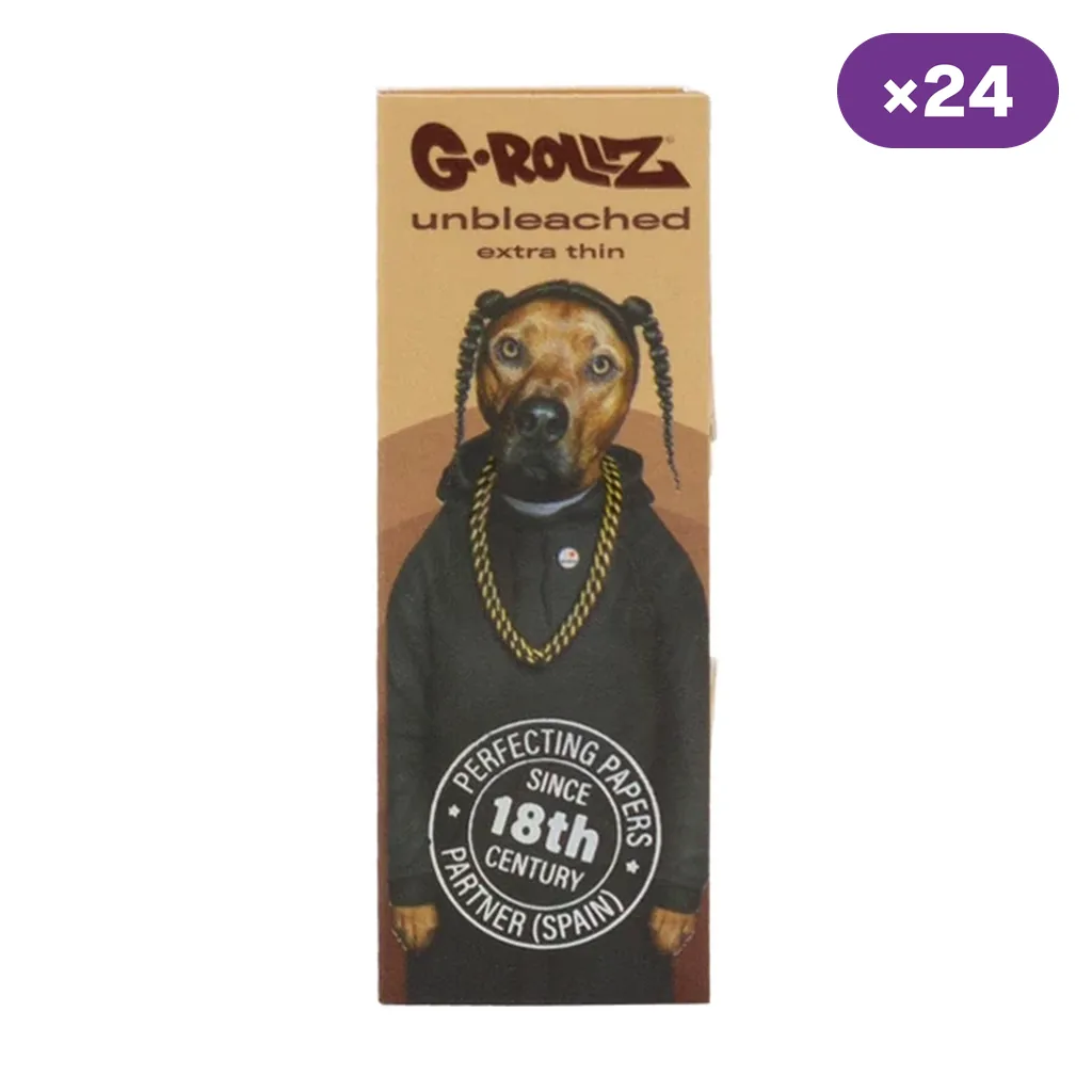 Estuche de papel G-Rollz con un perro ilustrado con trenzas y cadena dorada, texto «unbleached extra thin» y distintivo de 24 unidades.