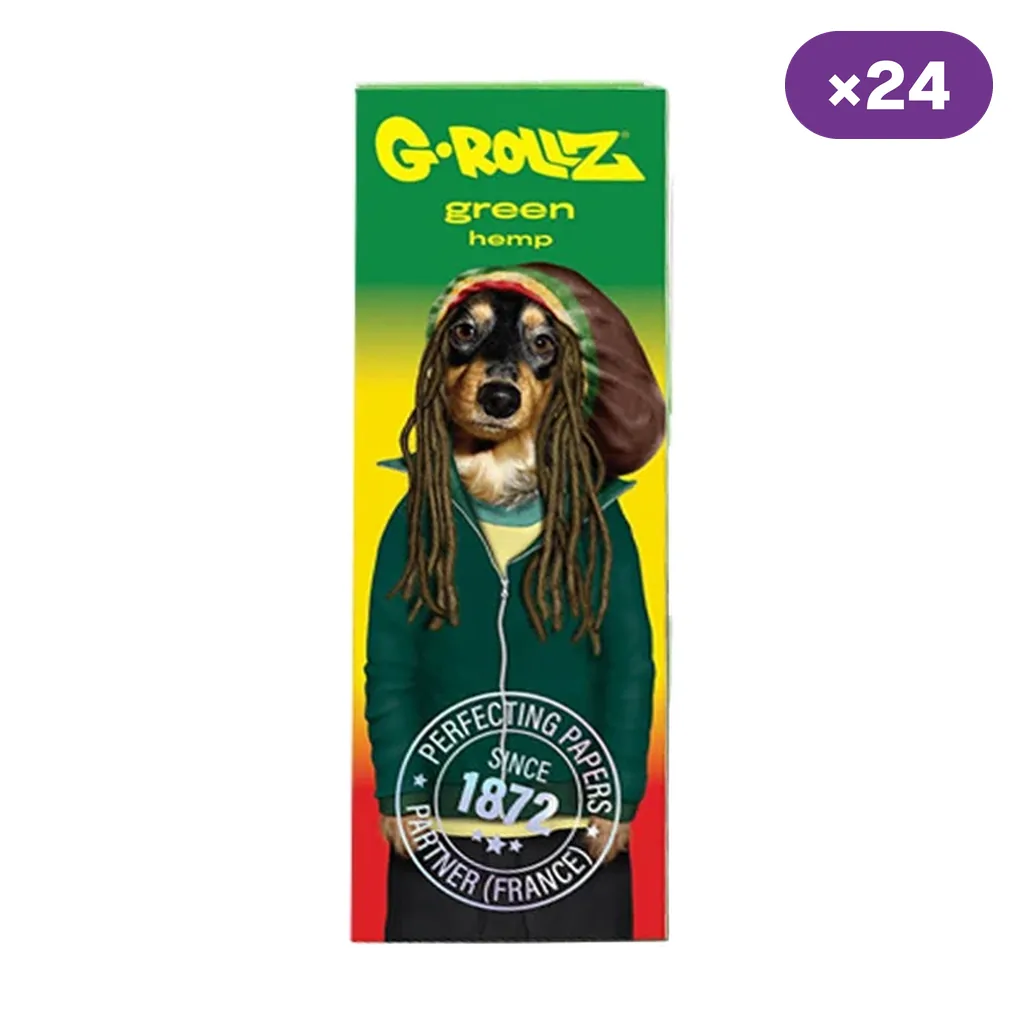 Envase de papel G-Rollz Green Hemp con un perro ilustrado con rastas y sudadera verde, fondo multicolor y distintivo ×24.
