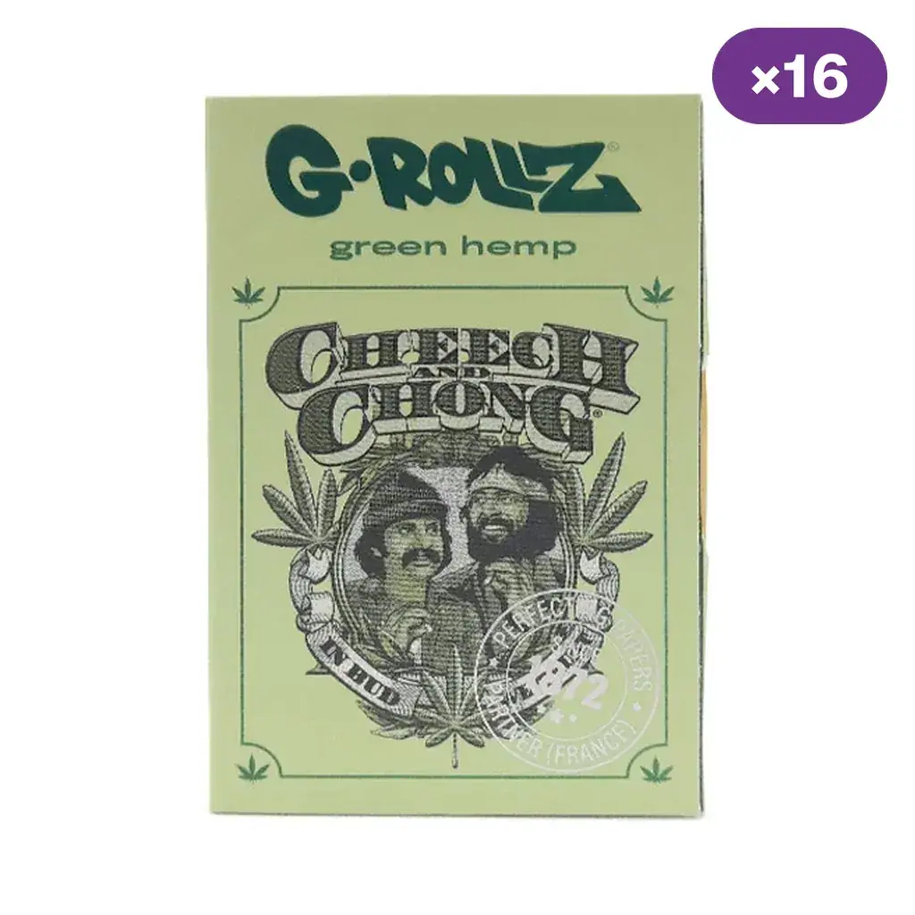 Envase verde G-Rollz Green Hemp con ilustración de Cheech & Chong entre hojas de cannabis y distintivo de 16 unidades.