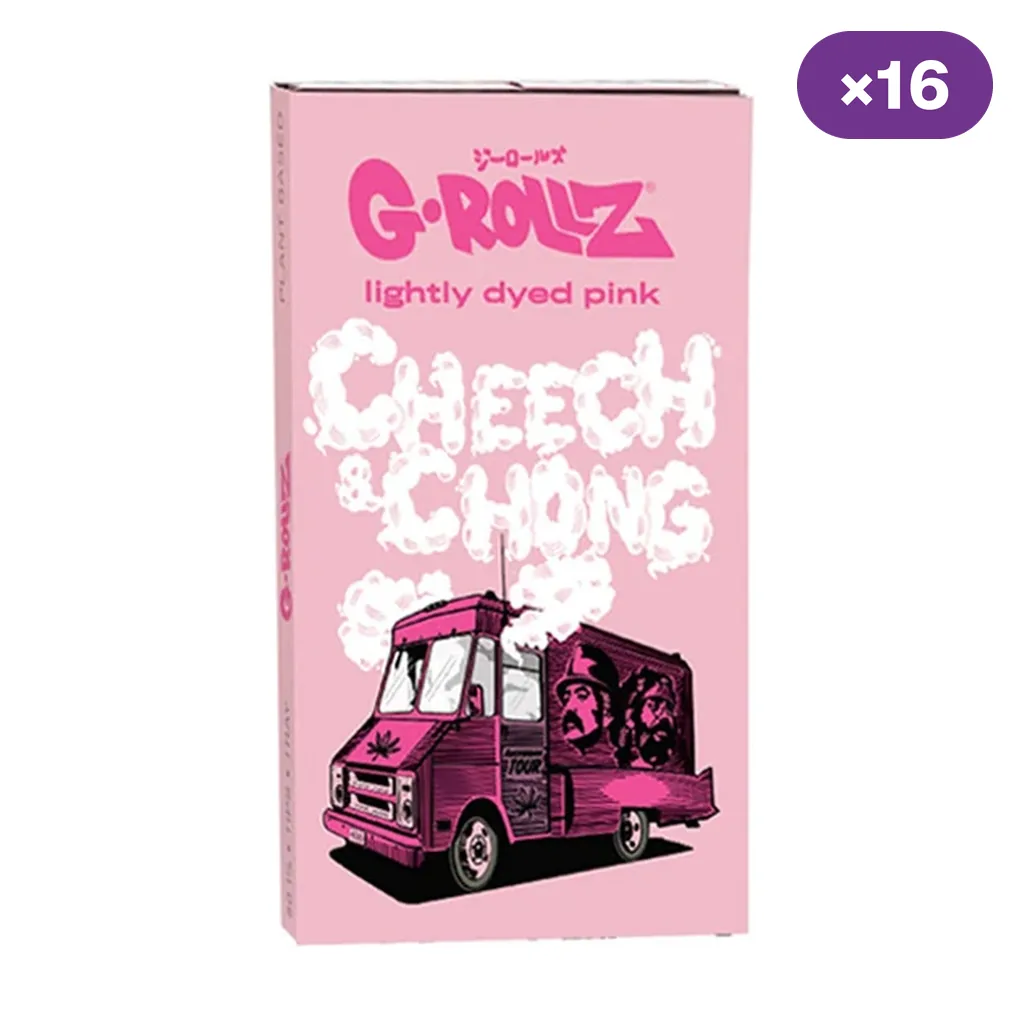 Caja rosa de papel G-Rollz Cheech & Chong con una furgoneta ilustrada, el texto «lightly dyed pink» y un distintivo de 16 unidades.