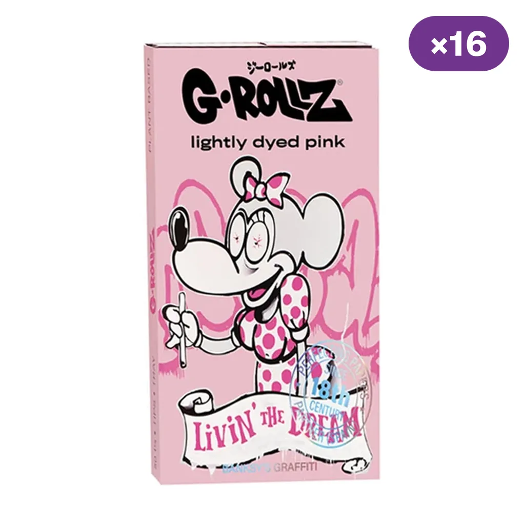 Envase rosa G-Rollz con una ratona de dibujos animados, los textos «lightly dyed pink» y «Livin’ the Dream», y un distintivo «×16».