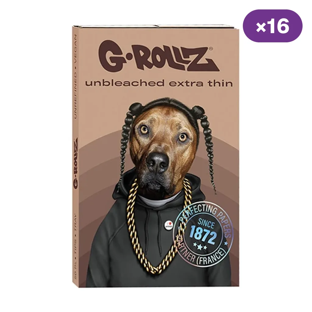 Estuche de papel de liar G-Rollz Pet Rock Rap con un perro ilustrado con trenzas, sudadera negra y cadena dorada; distintivo ×16.