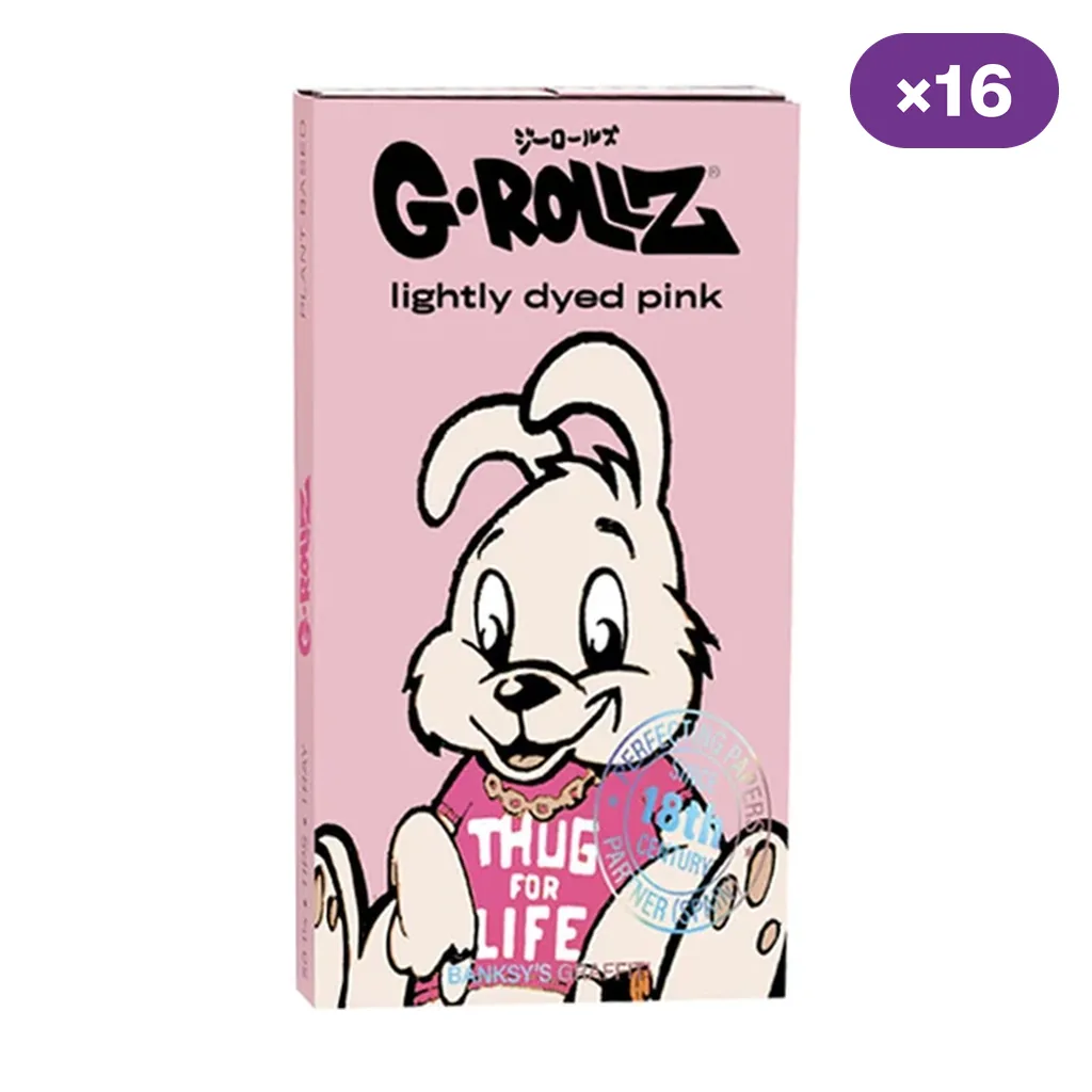 Envase rosa G-Rollz con un conejo de dibujos animados vestido con camiseta «Thug for Life» e indicador de 16 unidades.