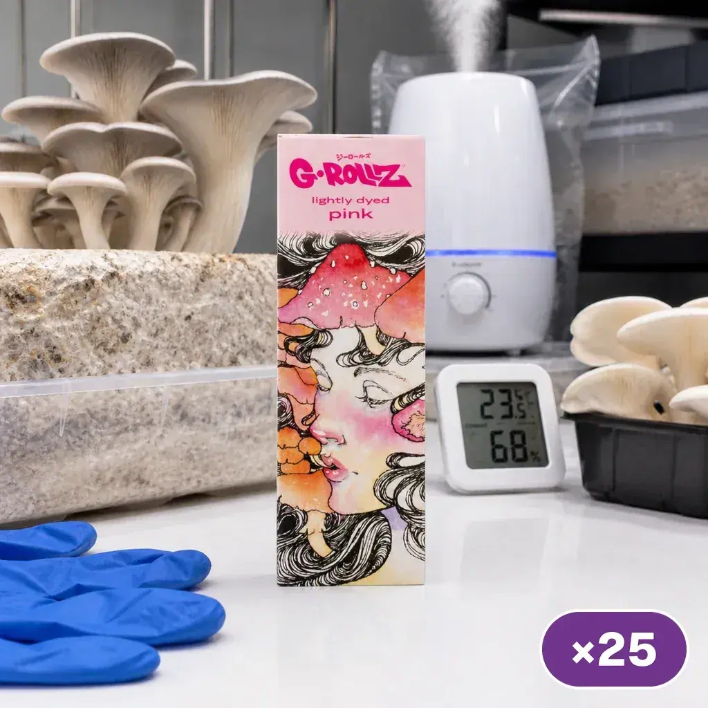 Estuche rosa de papel G-Rollz Mushroom con un rostro y setas ilustrados, junto a guantes azules y un cultivo de setas. Estuche rosa de papel G-Rollz Mushroom con un rostro y setas ilustrados, junto a guantes azules y un cultivo de setas.