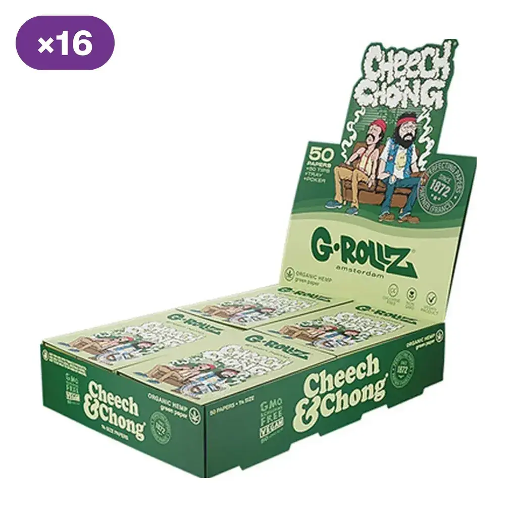 Caja expositora verde de papel G-Rollz con varios libritos y dibujos de Cheech & Chong sentados en un sofá; distintivo de 16 unidades.