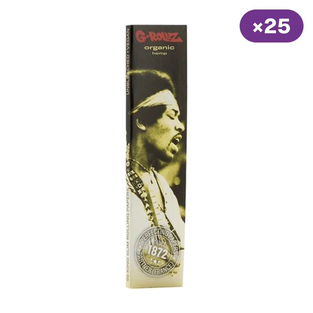 Librillo de papel G-Rollz Organic Hemp con retrato de Jimi Hendrix en tonos amarillos y negros e indicación de 25 unidades.
