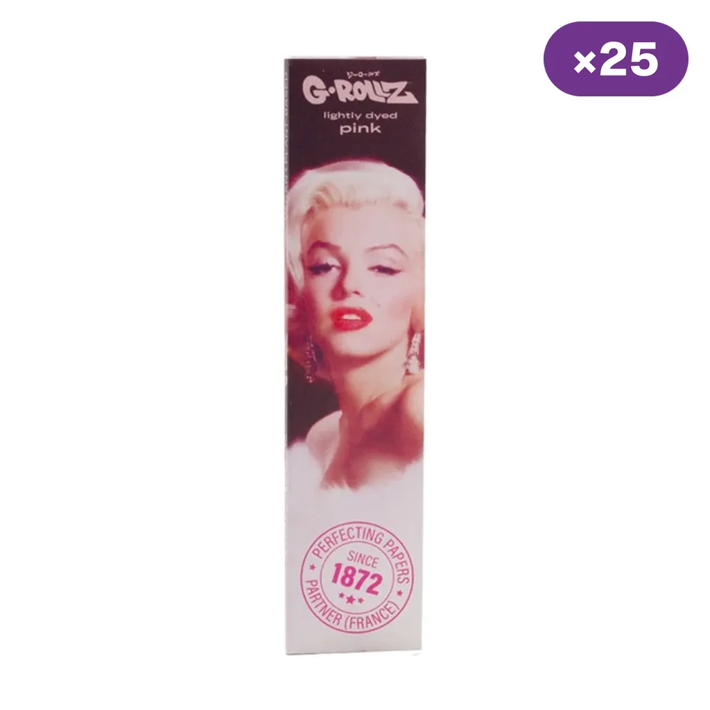 Librito alargado de papel G-Rollz Marilyn con retrato en tonos rosas, texto «lightly dyed pink» e indicador de caja de 25.