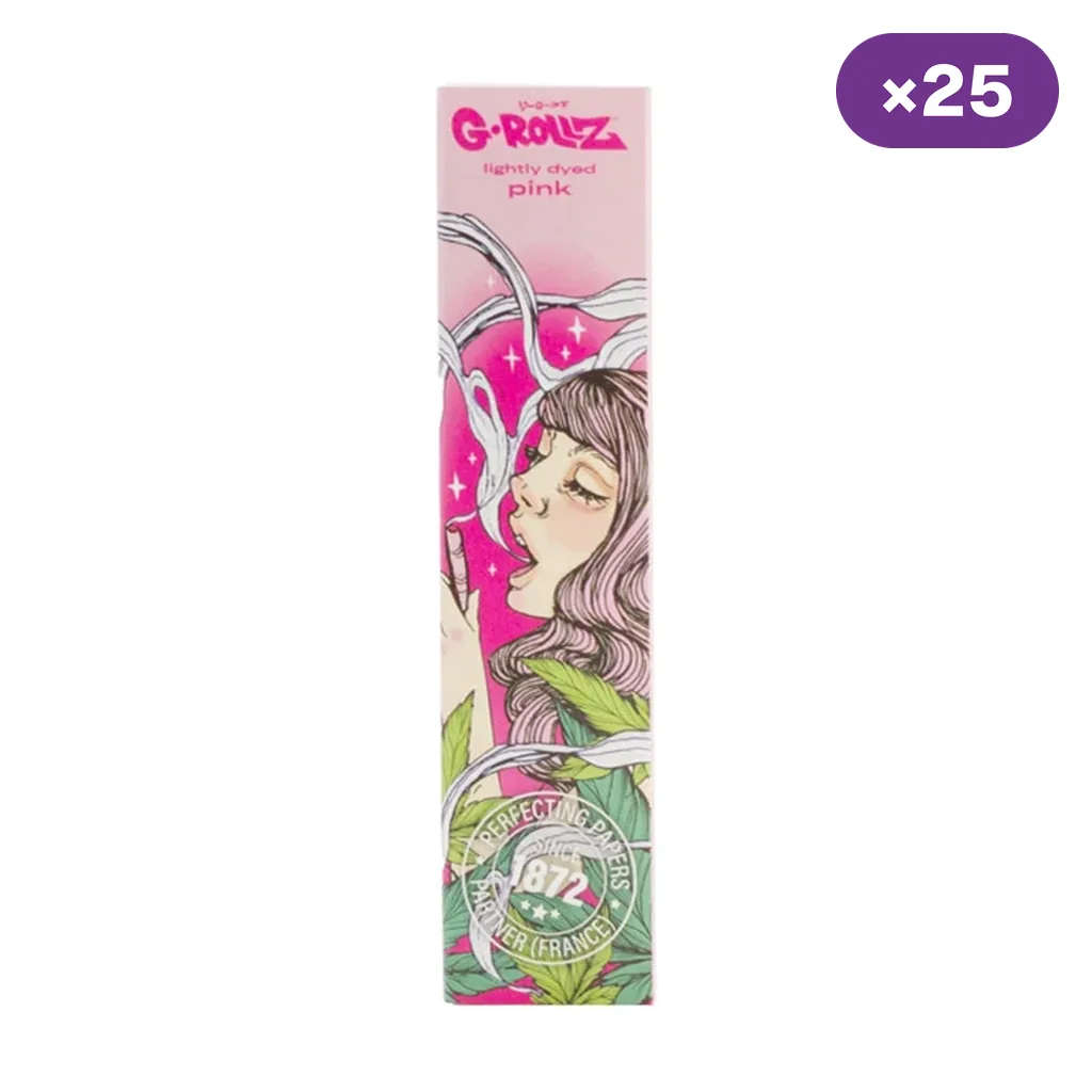 Estuche rosa de papel de fumar G-Rollz con una mujer ilustrada entre hojas y volutas de humo, junto a un distintivo «×25».