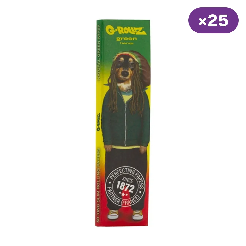 Estuche de papel G-Rollz con un perro ilustrado con rastas y sudadera sobre fondo verde, amarillo y rojo; distintivo de 25 unidades.