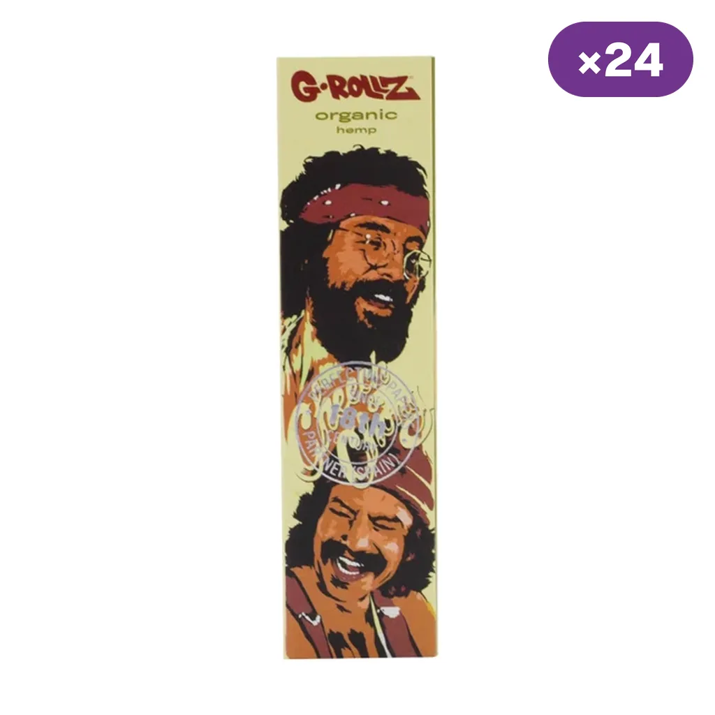 Estuche alargado de papel G-Rollz Cheech & Chong con retratos ilustrados, texto «organic hemp» y distintivo de 24 unidades.