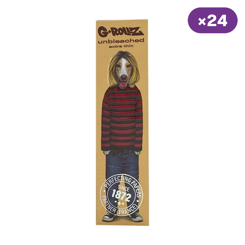 Estuche de papel G-Rollz con texto «unbleached extra thin», personaje con cabeza de perro y jersey a rayas, e indicación de 24 unidades.