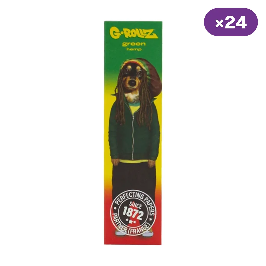 Librillo G-Rollz Green Hemp con fondo verde, amarillo y rojo y un perro ilustrado con rastas y gorro; distintivo de 24 unidades.