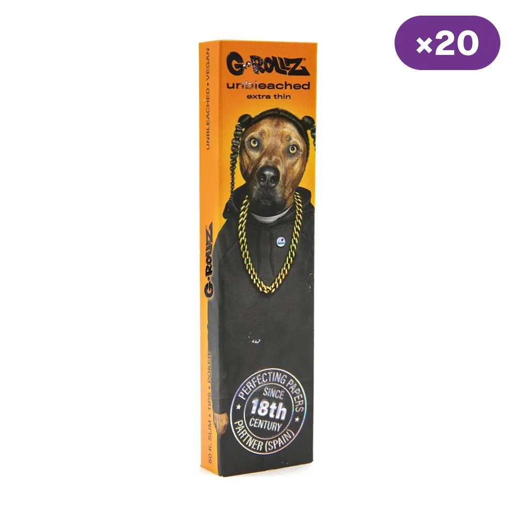 Estuche naranja de papel G-Rollz Unbleached extra thin, decorado con un perro con cadena dorada y un distintivo de 20 unidades.