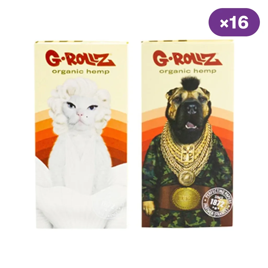 Diseños de papel G-Rollz Pets con un gato blanco y un perro con cadenas doradas, sobre franjas naranjas; distintivo de 16 unidades.