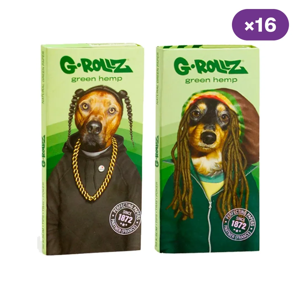 Dos diseños de estuches verdes G-Rollz con perros ilustrados, uno con trenzas y cadena dorada y otro con rastas; distintivo ×16.