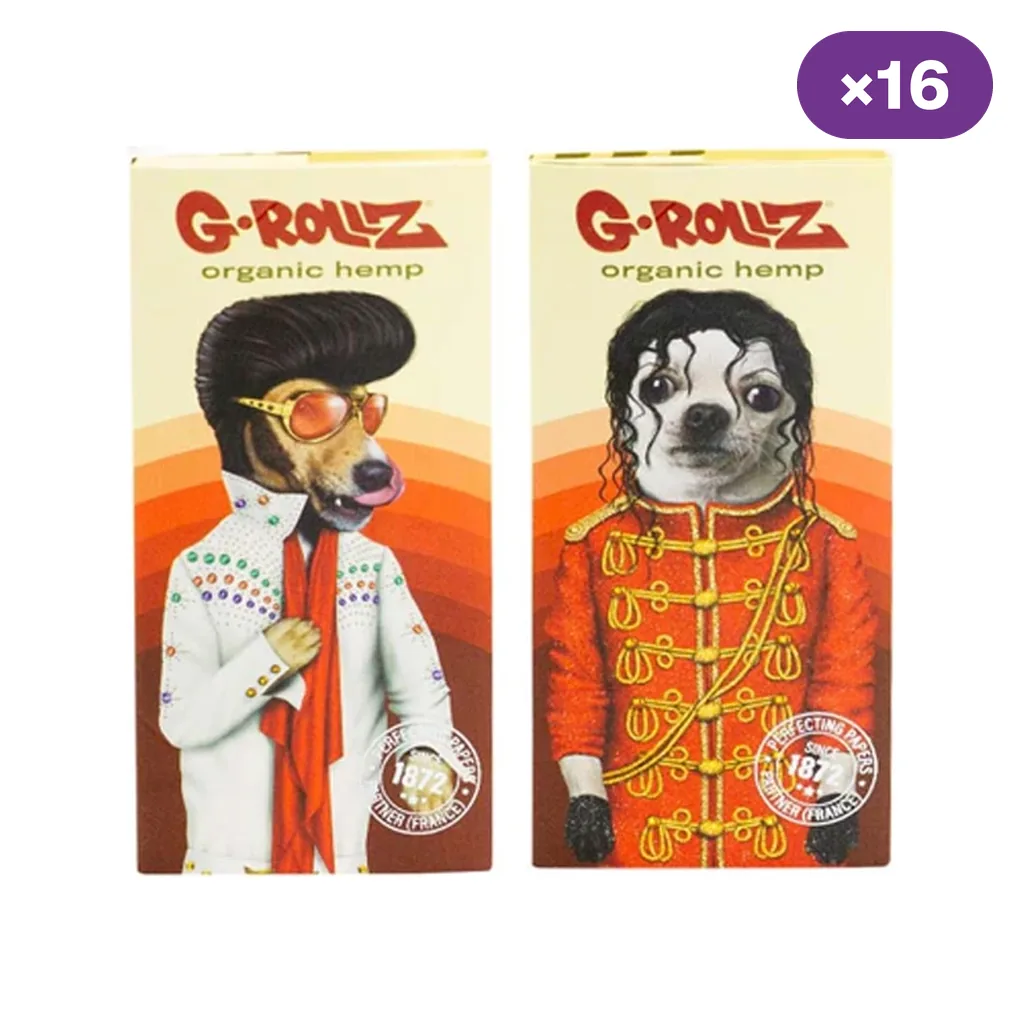 Diseños de papel G-Rollz organic hemp con perros vestidos de artistas, uno de blanco y otro de rojo, y distintivo «×16».