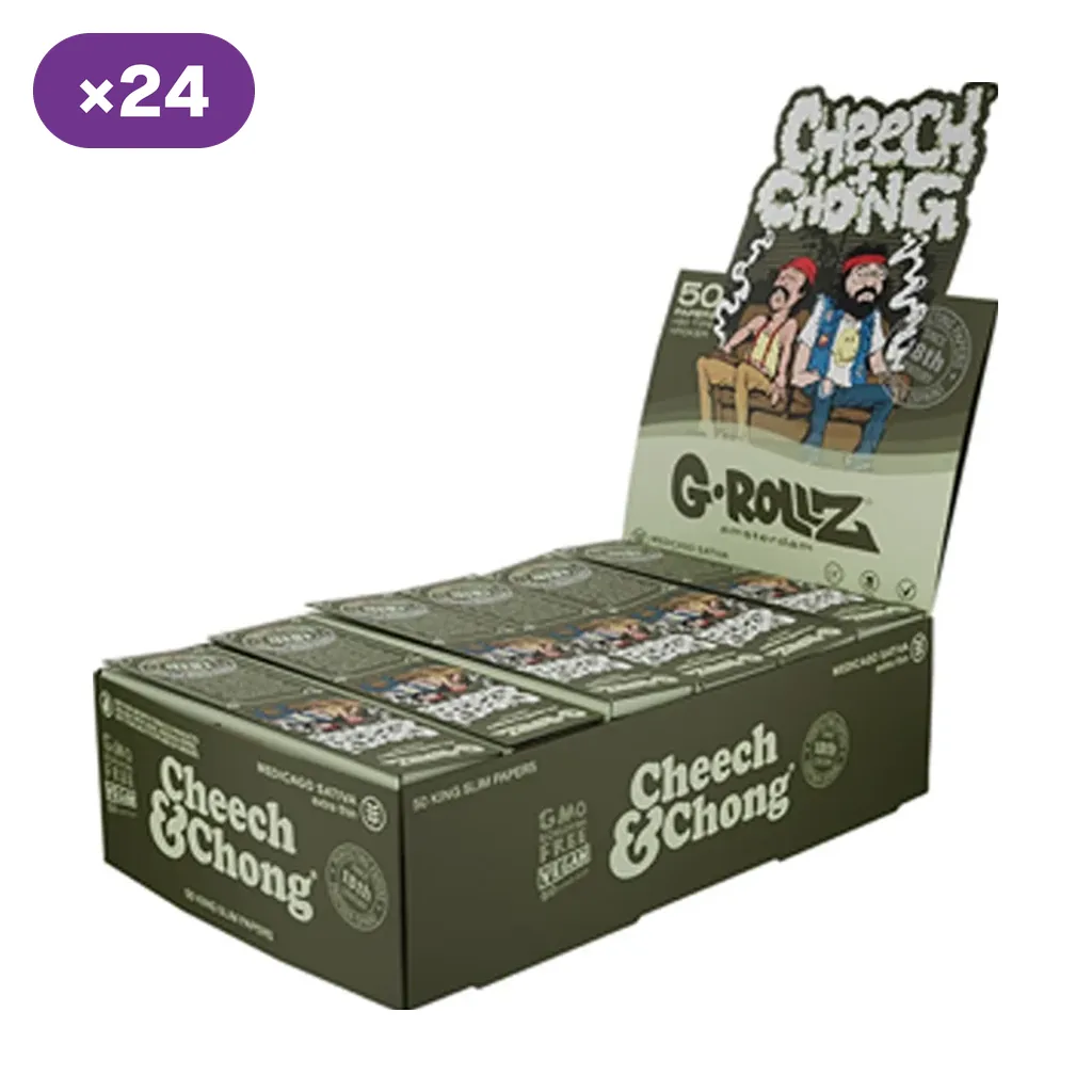 Caja expositora verde de papel G-Rollz Cheech & Chong con varios librillos, personajes sentados en un sofá y distintivo de 24 unidades.