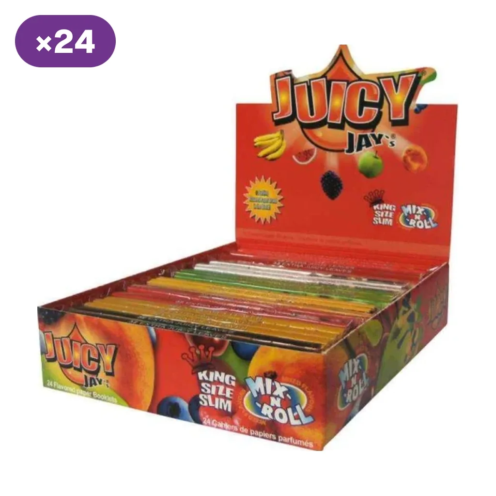 Caja expositora abierta de papel Juicy Jay's King Size Slim Mix N Roll, con libritos de varios colores y distintivo de 24 unidades.