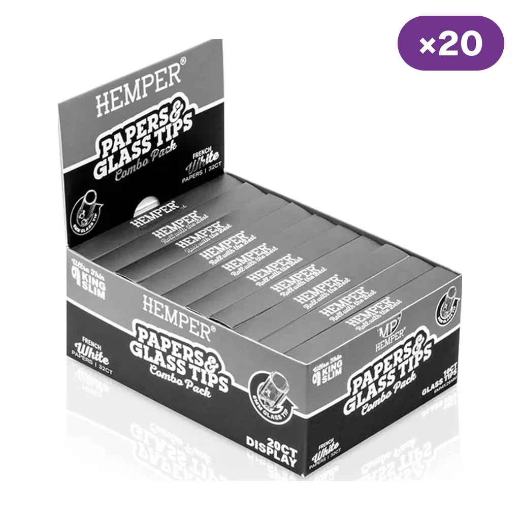 Expositor abierto de papel Hemper King Size con boquillas de vidrio, con estuches grises y negros y distintivo de 20 unidades.