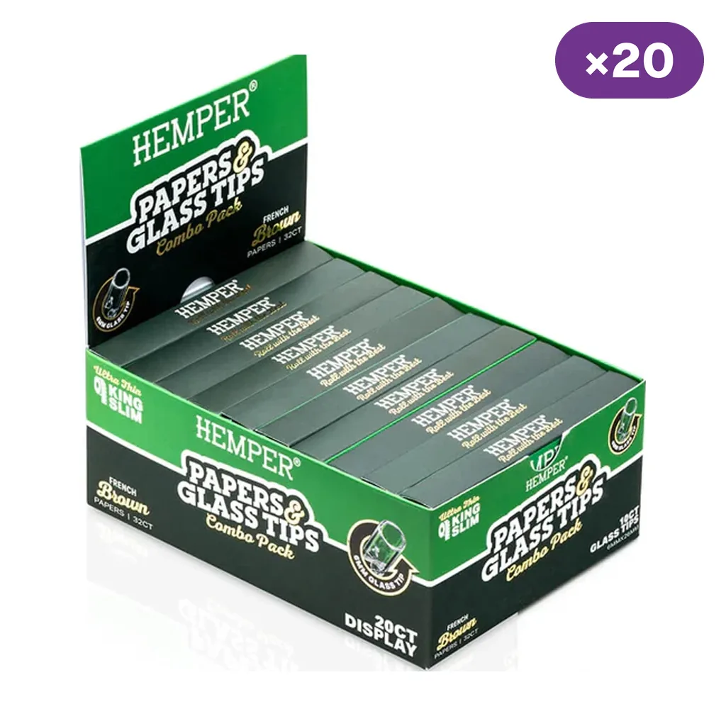 Expositor verde Hemper con estuches de papel y tips de cristal, texto King Slim y distintivo de caja de 20 unidades.