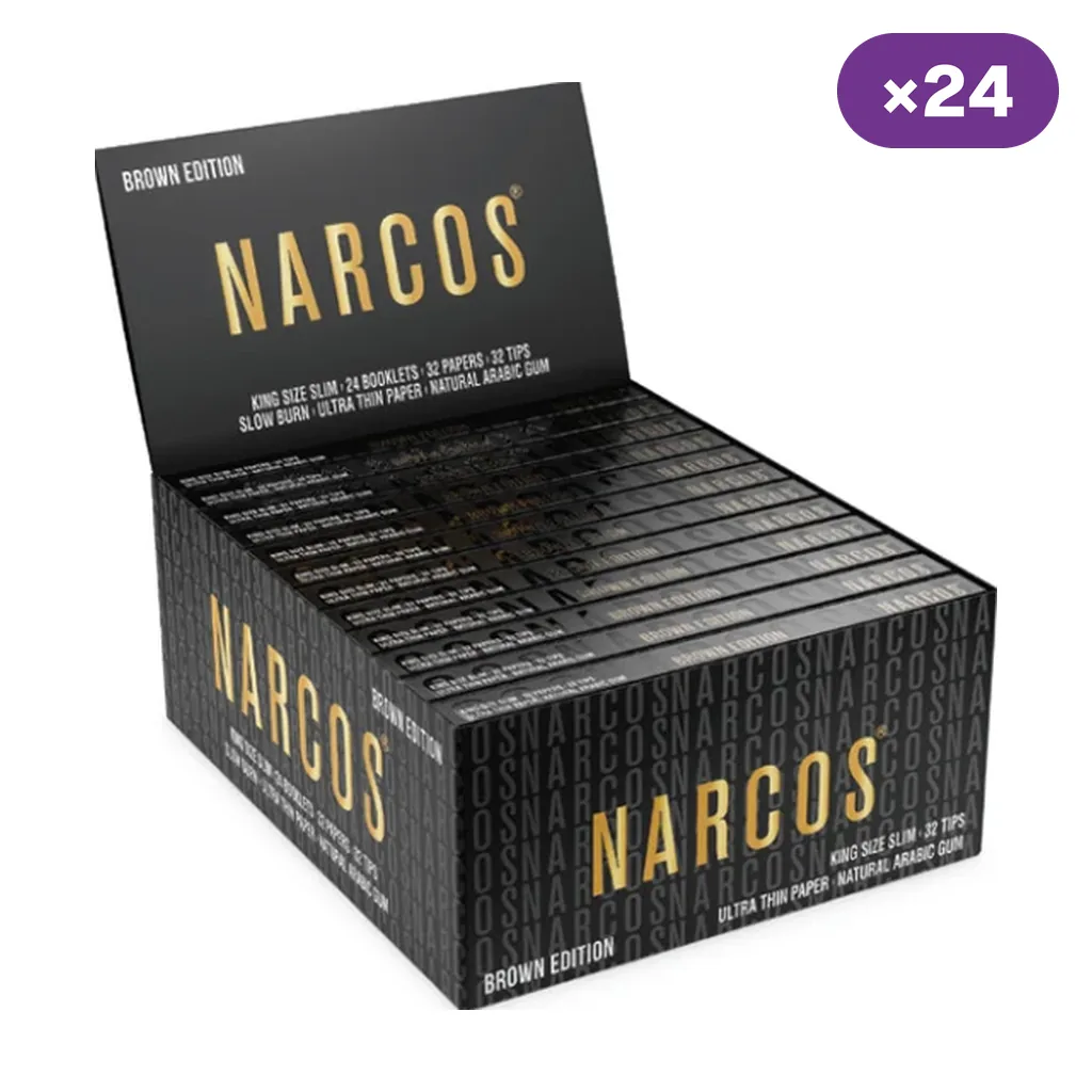 Caja expositora abierta de papel Narcos King Size Slim Brown Edition con tips, con libritos negros y dorados e indicación de 24 unidades.