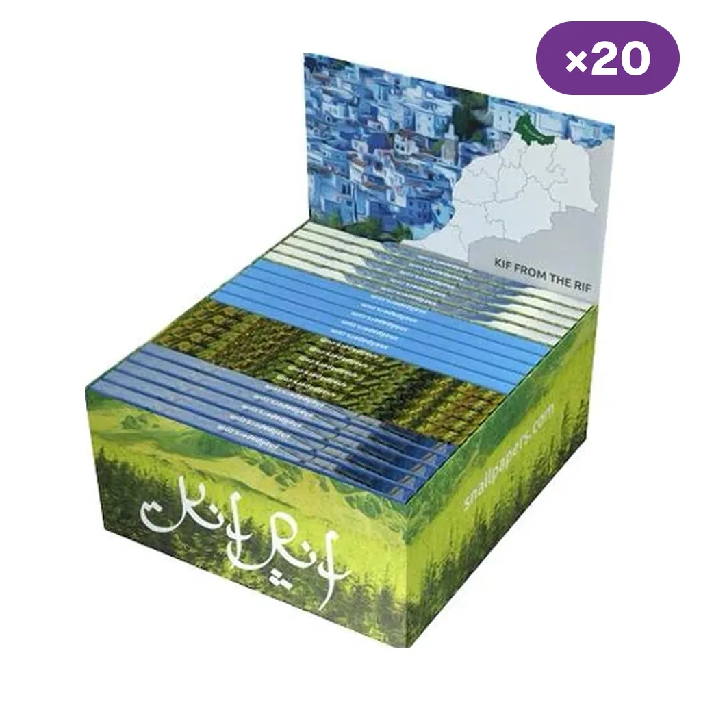 Caja expositora de papel Kif from The Rif con varios estuches, paisajes verdes y azules y un distintivo que indica 20 unidades.
