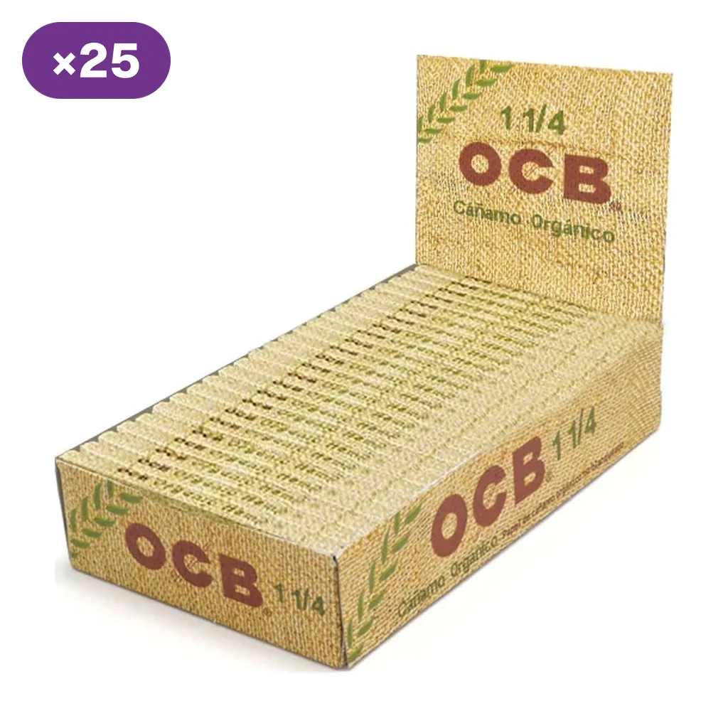 Caja expositora abierta de papel OCB de cáñamo orgánico 1 1/4, con varios librillos y un distintivo de 25 unidades sobre fondo blanco.
