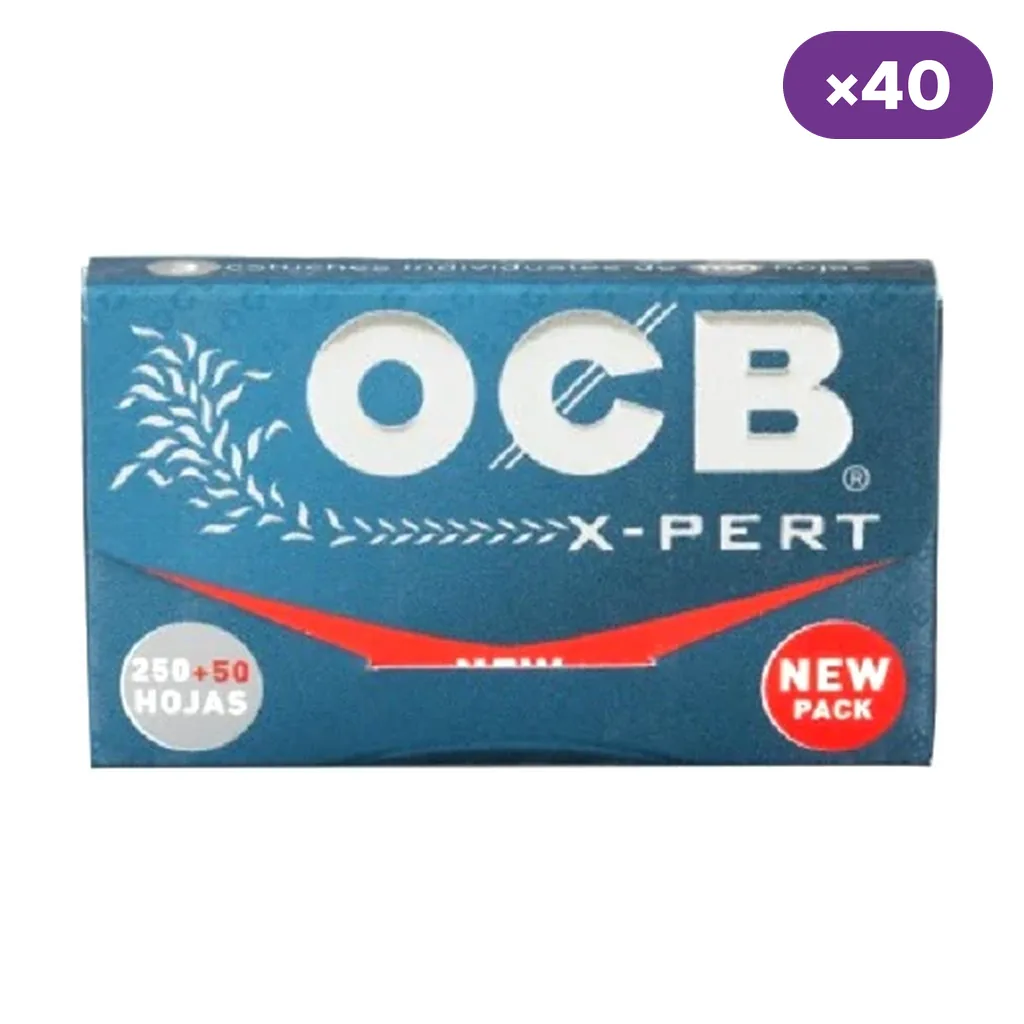 Envase azul de papel OCB X-Pert con logotipo blanco, franja roja, texto «250 + 50 hojas» y distintivo de 40 unidades.