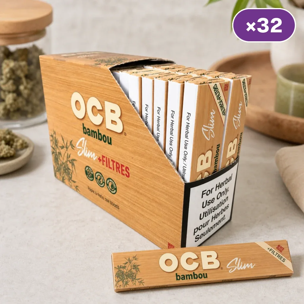 Caja expositora de papel OCB Bambou Slim con filtros, varios libritos en su interior y uno delante, con indicador de 32 unidades.