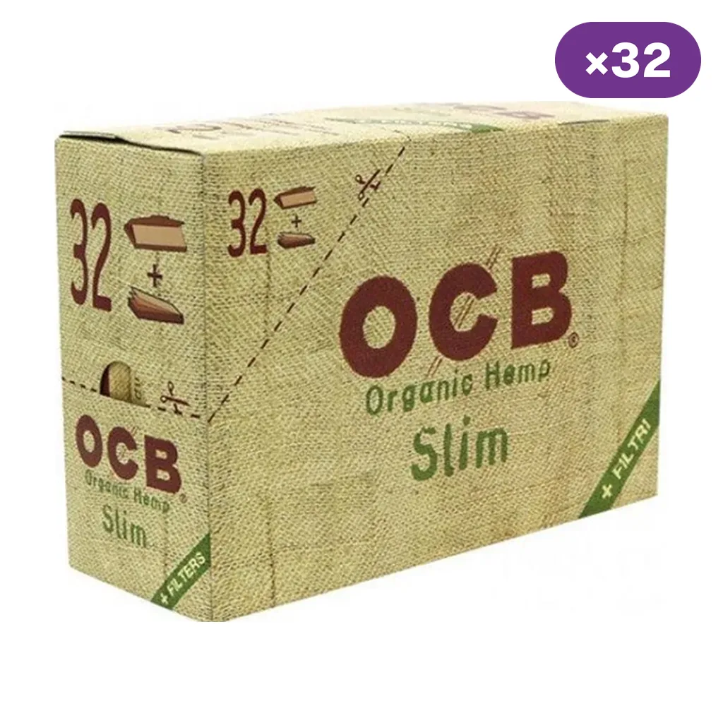 Caja de papel OCB Organic Hemp Slim con acabado beige texturizado, letras marrones y verdes e indicador de 32 unidades.